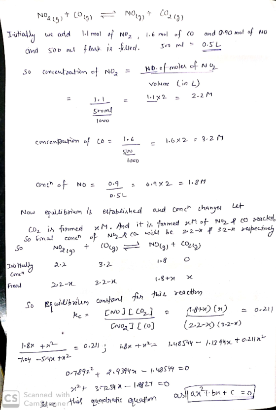 No219) + (00g) = NOeg, + (0,19). Initially we add li mol of No2, 1.6 mol of 0 and 0.90 mol of NO and sov ml flask is fucd. Sv