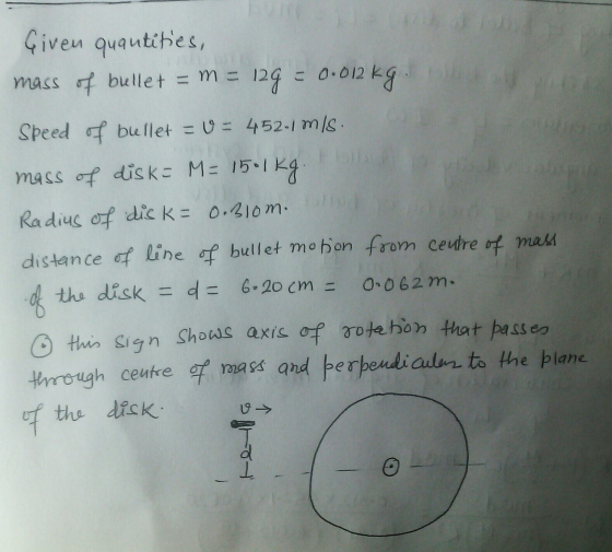 Give quantthes, mass咩bullet = m= 12g 0.012 kg Speed ble flet=V-452-1 m/s Radius of die k = o.,210m. distance of Line bullet m