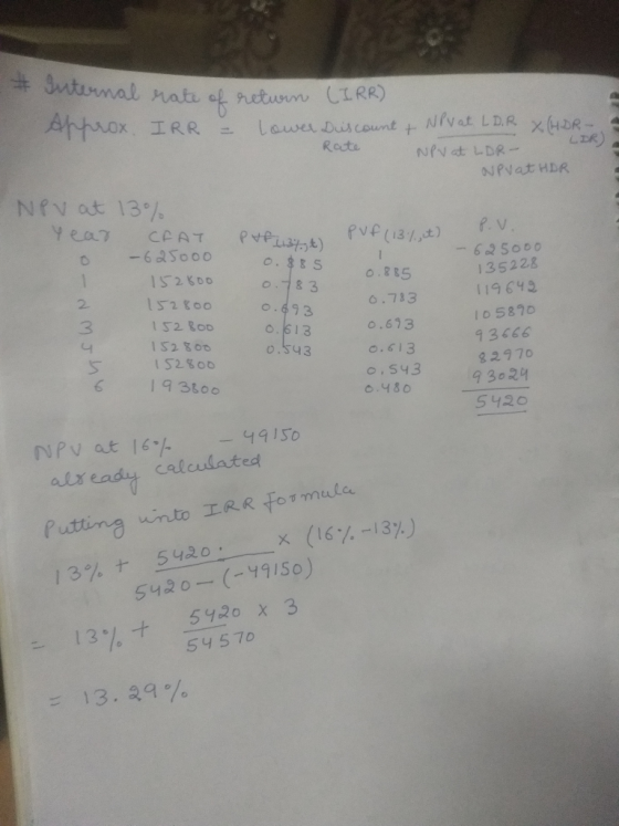 P.V. - Internal rate of return (IRR) Approx IRR = lower Discount & NPvat LDR X (HDR- LDR) Rate NPV at LDR- Pvat HDR - NPV at