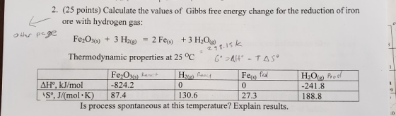 2 other 2. (25 points) Calculate the values of Gibbs free energy change for the reduction of iron ore with hydrogen gas: page