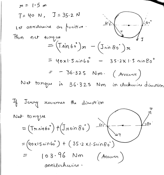 r = 1.5m T= o N , J-35-2 N Let antilowine punitive A T Thin net torque (Tsin6o), Jain do), = 40x1.5 sinfo 35:2x1.Soin 80 li