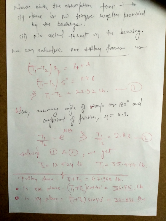* Now with the assumption froup If there is no forque regetion provided thrust on bearing. he can calculate the pelley ferves