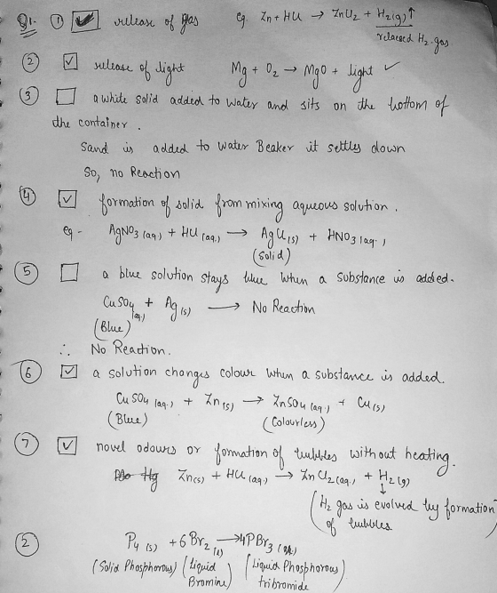 release of glas eg. Zu + HU ZA ₂ + Heigo ? relacsed H₂. gas rulease of light + O₂ 3 of AgNO3 (aq) + HNO3 lag. I (aq.) 5 Mg +