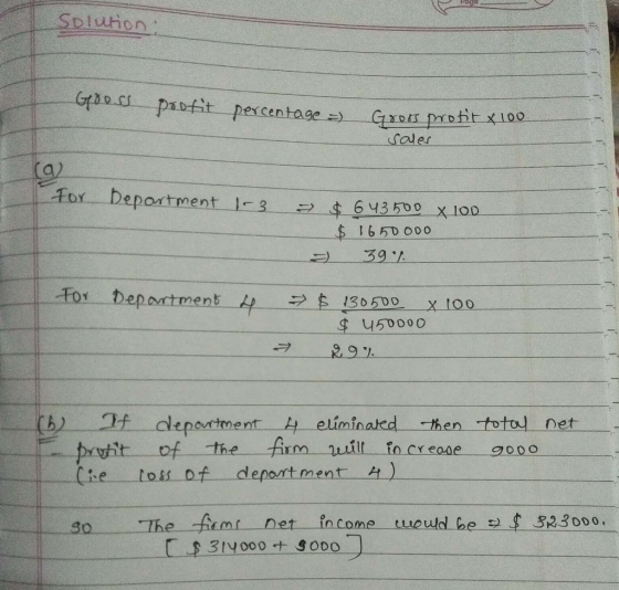 SDlution Goc pabfit percentage ) saler Aor Department 1-3 643500 X 100 $1650 00o 39 For Department 713050O 450000 ২9. f depar