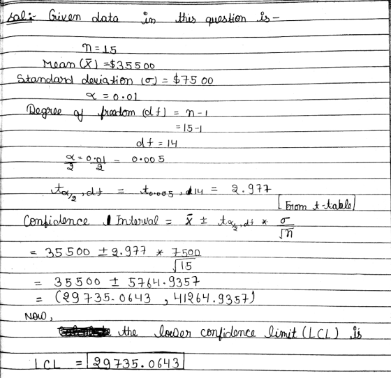 sal: Griven data in this question is- - n = 15. _Mean (B) =$35 500 Standard deviation (0) - $75 00 ___= 0:01 Regree of freedo