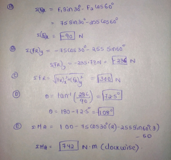 & © © SPR = Fisin 38 - Fa los 60° - 75 sin 30-a55 cos 60° sada - FON EFR y = – 75 00S 30-255 sinho SFR), = -285:78N = F28N SF