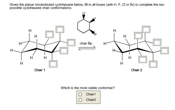 Image for Given the planar trisubstituted cyclohexane below, fill in all boxes (with H, F,Cl or Br) to complete the two