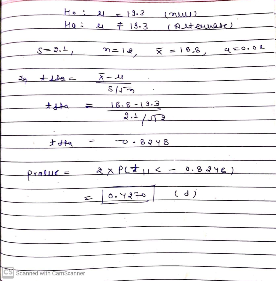 Ho : Ho: - 13.3 (MM) couternate) + 15.3 s=.. - 1३, x = 18.8 a=0.02 tila = SNO + |8.8-19.3 2. || tta 0.8२५8 0.8 २५९) pralue =