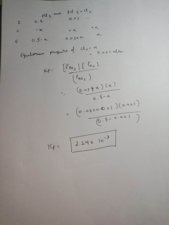 pl 3 + 12 0.03 - I pls 0.5 -X tn tn 0.5 x 0.03+n Equilbrian pressure of clin. = 0.021 alin Kp [Peus l (lar) (Pols) (x) ..3 +