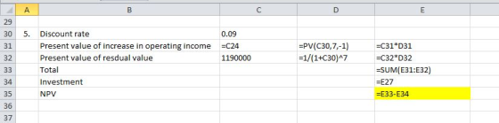 B C D E 29 A 5. 30 31 0.09 =C24 1190000 Discount rate Present value of increase in operating income Present value of resdual