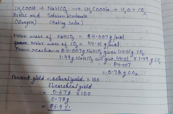 ICH COOH + NaHCO CH₃COONa + HO + Co. Acetic acid soduim bicarbonate. (Vineger) (Baking soda) Molar mass of NaHCO₃ = 84.007g m