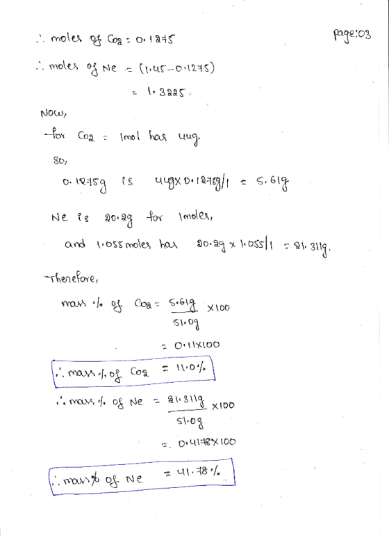 page:03 moles of Ne (ur-0.1215) 3aas Now for Coa Imsl has uug s.69 12153 and oss moles hau henefore mas j. og Coa a 3119 XI0O