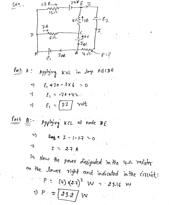 Sdn. 1.7 A 24V E I 13.12 ya $110 . Ez 7A I D C -20V TIBC + TAB Ча የ-? E Pasta A: Applying KvL in loop A BIDA E; +20 -7X 6 -0