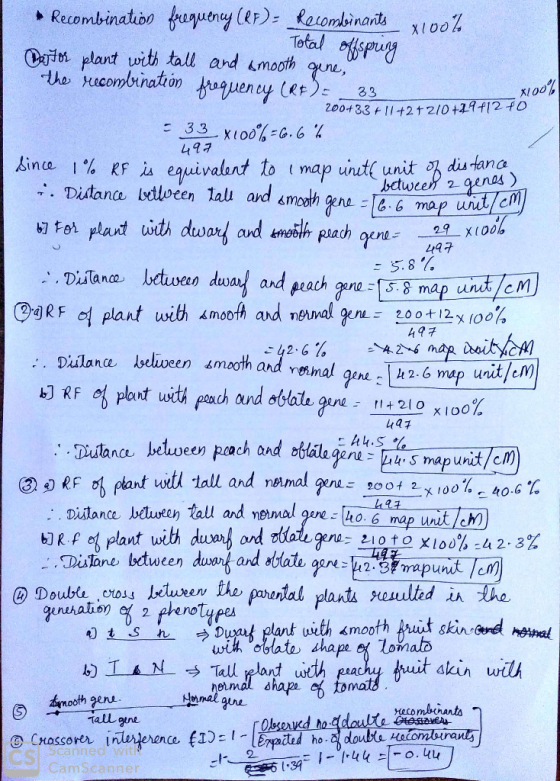 &= 33 200+33 +11+2+ 210 +29+120 X100% 497 Recombination frequency (RF) - Recombinants X100% I Pastor plant with tall Total o