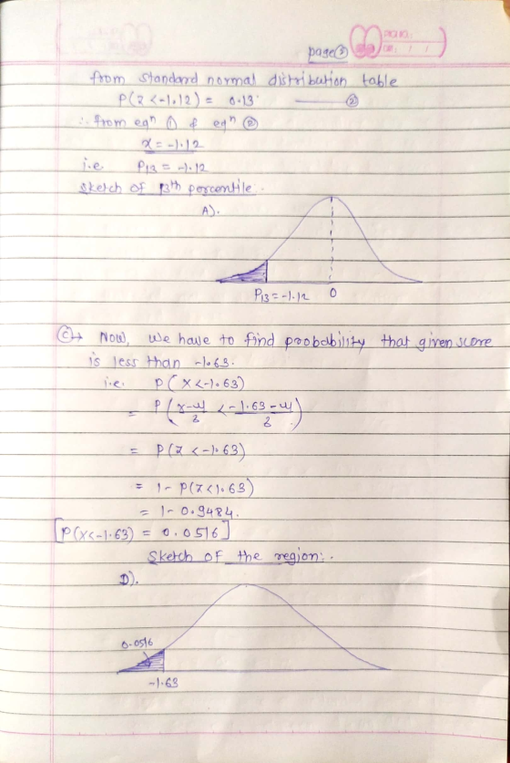 page from standard normal distribution table P (2 <.1. 12) = 0.13 from egn o & ear ② jie P13 = 2.12 sketch of 13th percentile