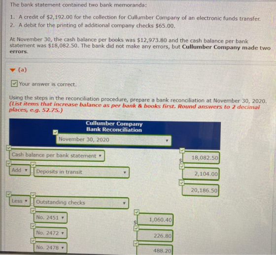 The bank statement contained two bank memoranda: 1. A credit of $2,192.00 for the collection for Cullumber Company of an elec