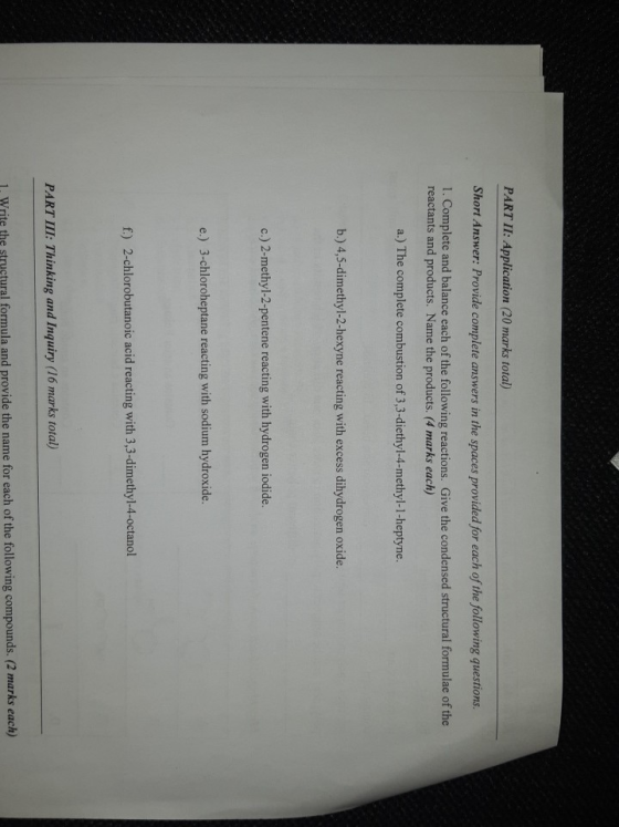 PART II: Application (20 marks total) Short Answer: Provide complete answers in the spaces provided for each of the following