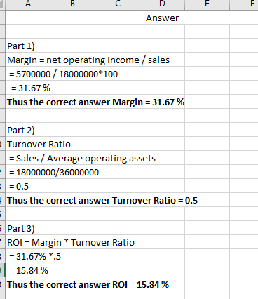 A C D E Answer Part 1) Margin = net operating income / sales = 5700000 / 18000000*100 = 31.67% Thus the correct answer Margin