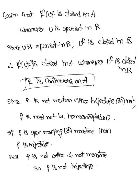 is closed in A Given that Alus Whenever u is openset in B Since is openset inß, of is closed in B :: Pllut 98 closed mA whene