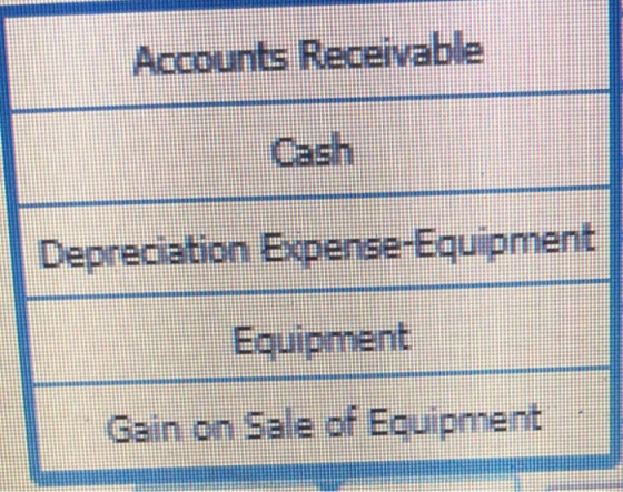 Accounts Receivable Cash Depreciation Expense-Equipment Equipment Gain on Sale of Ecuipment
