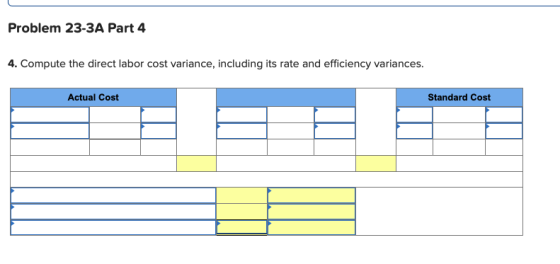 Problem 23-3A Part 4 4. Compute the direct labor cost variance, including its rate and efficiency variances. Actual Cost Stan