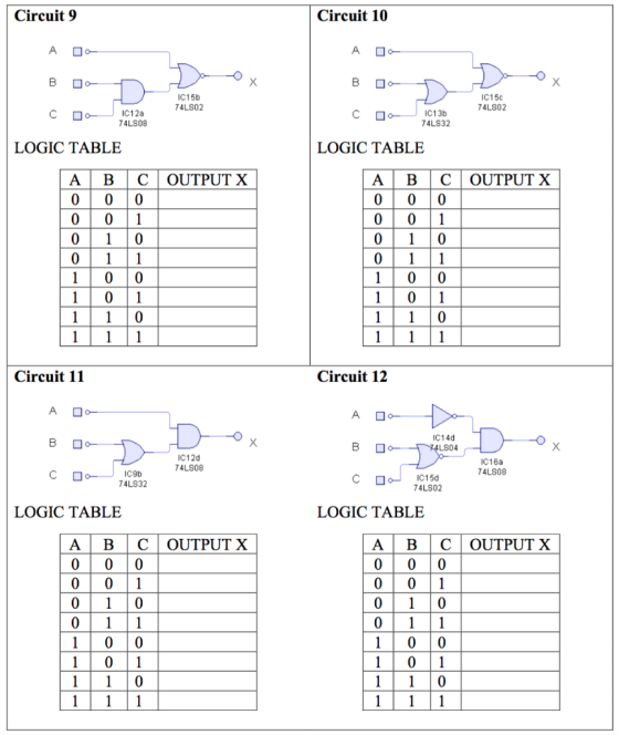 Circuit 9 Circuit 10 A ロー A IC15b IC150 74LSO2 74L.S02 IC12a ON C IC13b 74LS32 74LS08 LOGIC TABLE ABC OUTPUT X 1 0 0 0 001 0