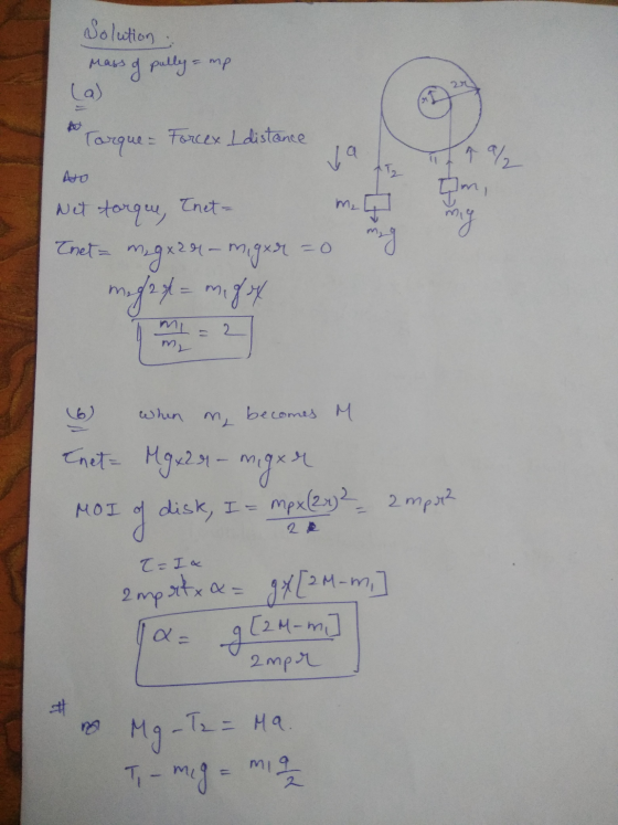 Solution mass of pully = mp (a) 5 Torque = Forcex Idistance va nal m2 Net torque, Theta om, my Tnet = m_gx21 - miger mag m.ge