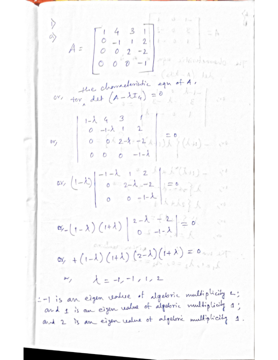 A 4 3 ay O - 2 -- As O 0 2 oo po shindanao equ of A, the (۷/ characteristic for det (A-lt 4) = 0 2 ind a 3 0-1-1 0 01.2-4--21