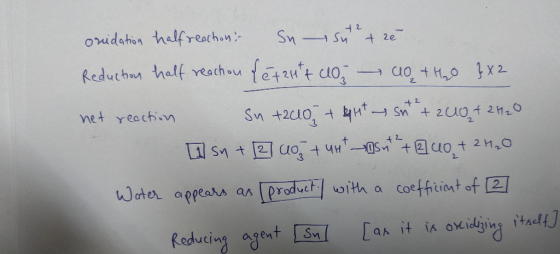 2 42 oridation half reaction: Su suter é Reduction half reaction {étautt co - 0 +420 } X2 het reaction Su +2010+ 2qht sut +24