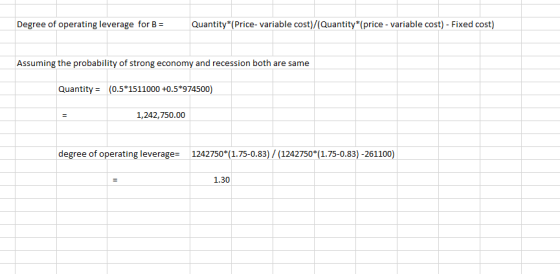 Degree of operating leverage for B = Quantity*(Price- variable cost)/(Quantity*(price - variable cost) - Fixed cost) Assuming