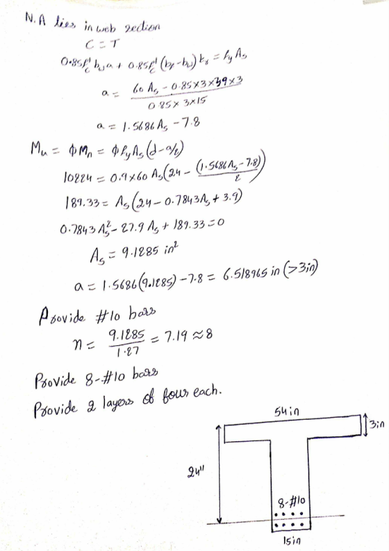 NA lies in web redion CET Ongole bjat 0.85P (be - b) to = ty As a 60 A, - 08543 x 39 x3 085% 3x15 a = 1.5631 As - 7.8 Mu= 0 M