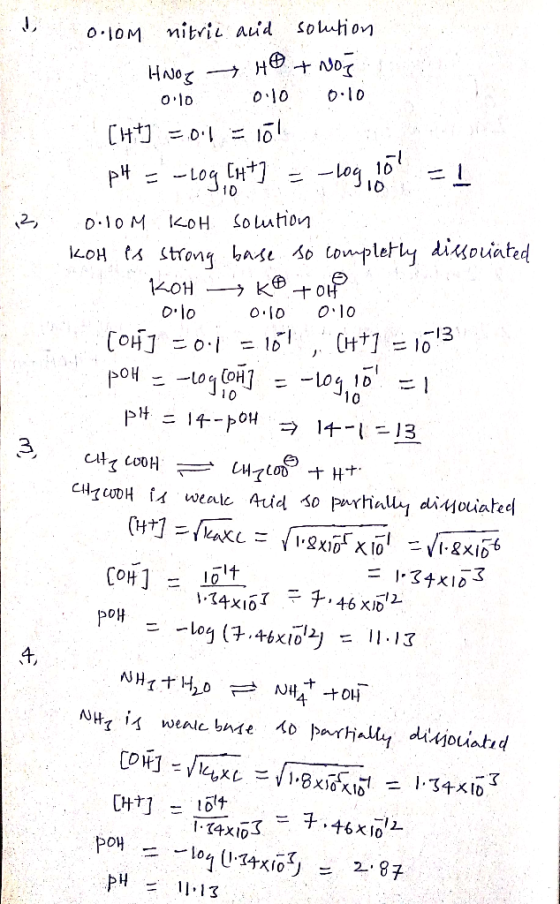 J nibvi auid solution 0.10M HNo H + Nor O 10 O10 CH 0 10 10 10 D 10 M oH Solution 2 oH ts itrongbase so tomplety disouiated +