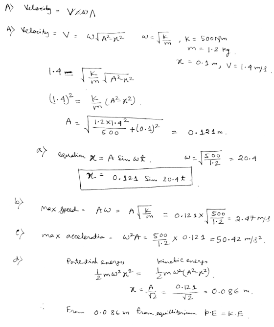 A> Velocity VEWA A> Velocity = v= wrA282 3 K = 500N/m m = 1.2 1-2 kg. n = 0.1m, v=1.4 m/s 1.4 ben A²-12 (1.4) K (A²-x2) A 1•2