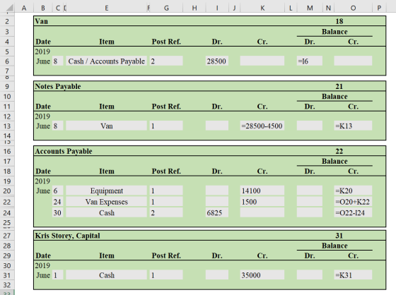 C E F G H I J K L M P | B Van N O 18 Balance Cr. Item Post Ref. Dr. Cr. Dr. nm nooo Date 2019 June 8 Cash / Accounts Payable