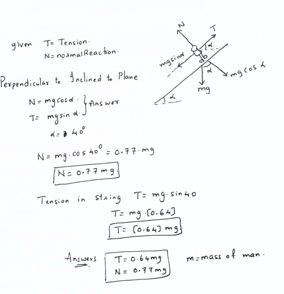 given T Tencion Pevprndicrler t i«clined + Plane an e Ans wer Tmqsind Tension in stairg T- mg sin 4o m q. mmass of man