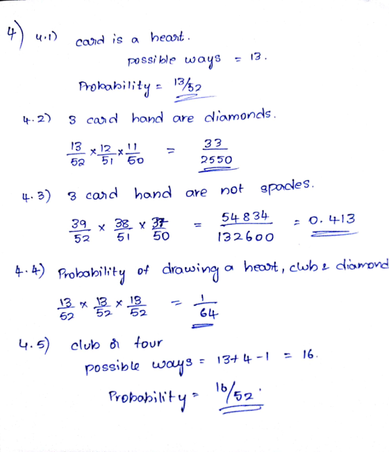 caid is a heant possible ways- 13 2 caid hond areiamonds 5a 51 5o 2550 . 3) 3 cand hond are not spoes 52 5 5O 13 26 0O 4 -) rolzobilkty of drowh, clu cliomond 252 52 6 4.5) club tour Possible wo 13+ - 16