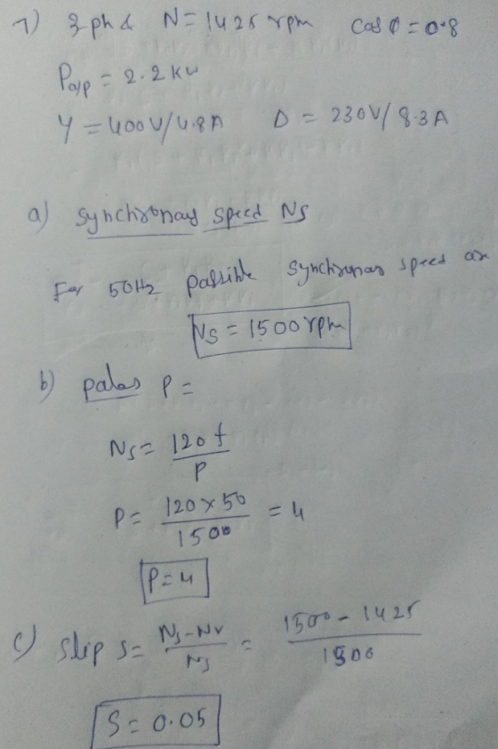 1)8 phd N= 1428 ypm Payp = 2.2 ku Y=4000/08n 0=230V/83A uon/n00731 a) Syhchsonay speced Ns palribe synchyanan speed ax For 50