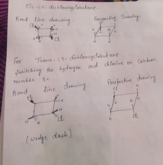 Cis-1,3-dichlosocyclobutane. Bond line drawing. Perspective Drawing eh H И И СО / н carbon For Trans-1,3-dichlosocyclobut ane