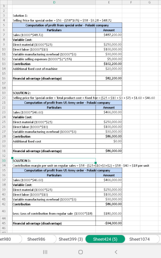 Solution 1: Selling Price for special order = $56 - ($58*16%) = $58 - $9.28 = $48.72 Computation of profit from special order
