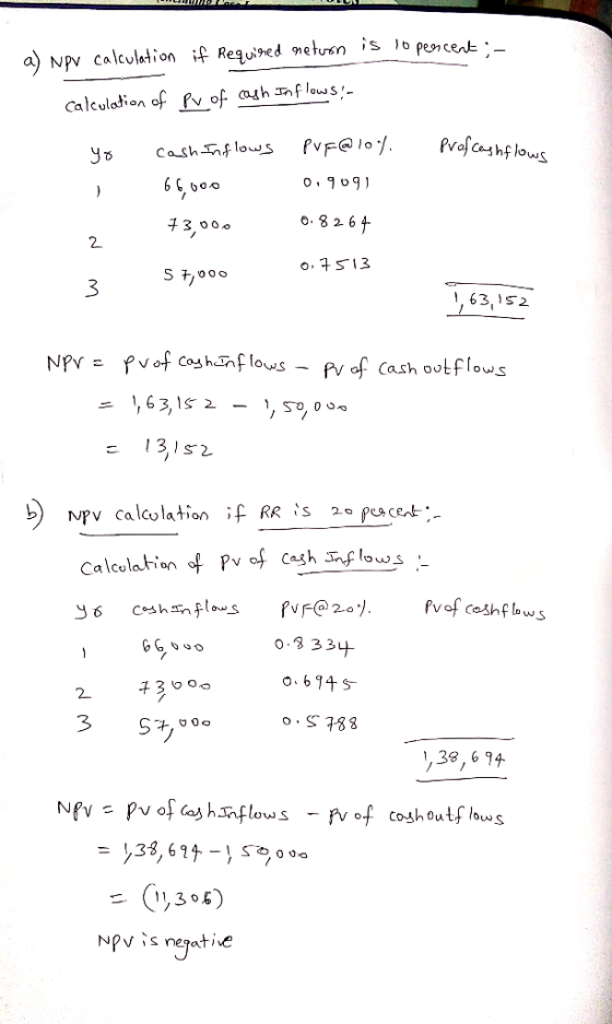 WWW ULU a) Nov calculation if Required neturn is lopencent : calculation of Pv of cash Inflows! yo cash Inflows PVF@ 10%. Pro