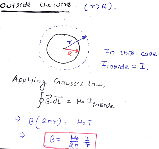 outside the wire (OR), ) R In this case Ipogide - I Applyin ing Gausss law, = Mo Ionside » B (2007) Mo I B π B= Ho QA