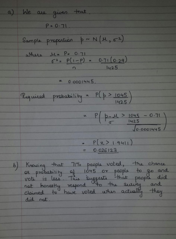 given tnat Sample-propotion-p ~ N (사, razp(ise) P-0.7 ca) . o.11 (0.29) IH2.5 0 OOOI45 P(b>1045 142.5 Poobability z 1045- 0-7