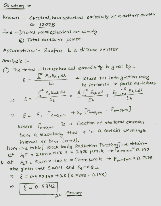 Solution known Spectral, hemispherical emissivity of a diffure surface at 1200k find - Total Hemispherical emissivity Total e