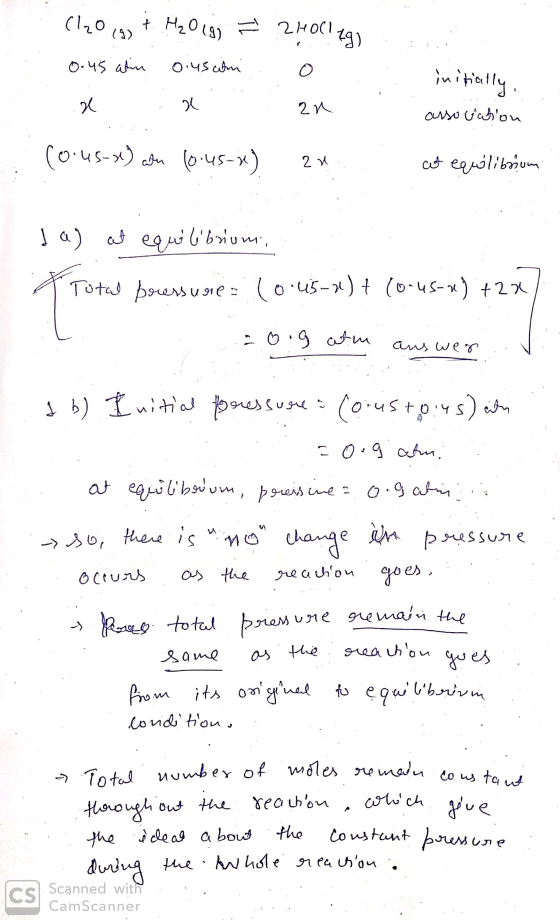 (12O(g) + H₂O ig, I 2 HOC! 2) 0.45 alin oiusan o X a. 2x initially, asso vation (0.us=x) atu (0.45=1). 2x C* 2016วายฯ da) at