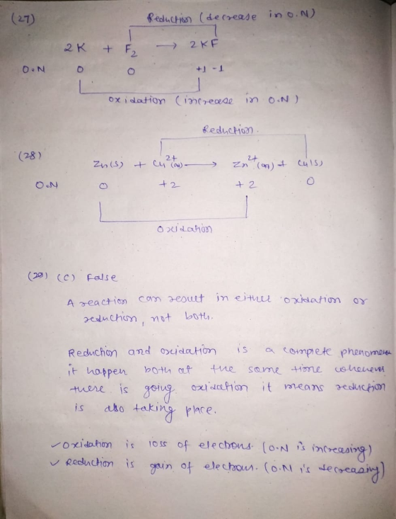 (27) Reduction (decrease in o.n) 2KF 2K + E OON oo oxidation Cincrease in ON) Reduction. (28) Zus) et con +2 zot (0) & culs)