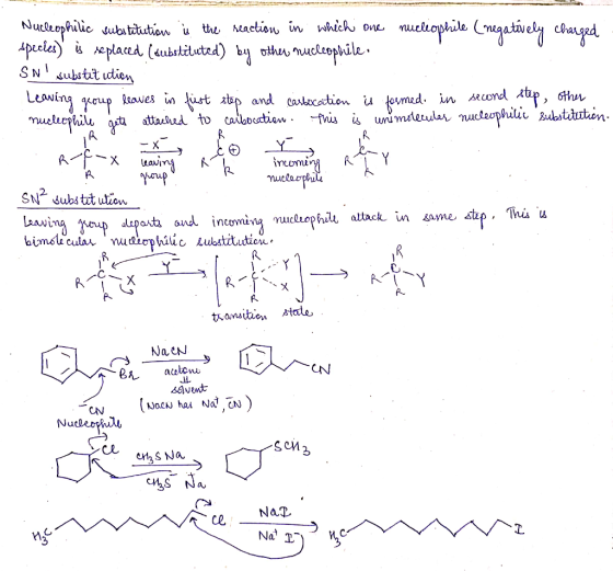 Nucleophilic substitution is the reaction in which one nucleophile (negatively charged species) is seplaced (substituted) by