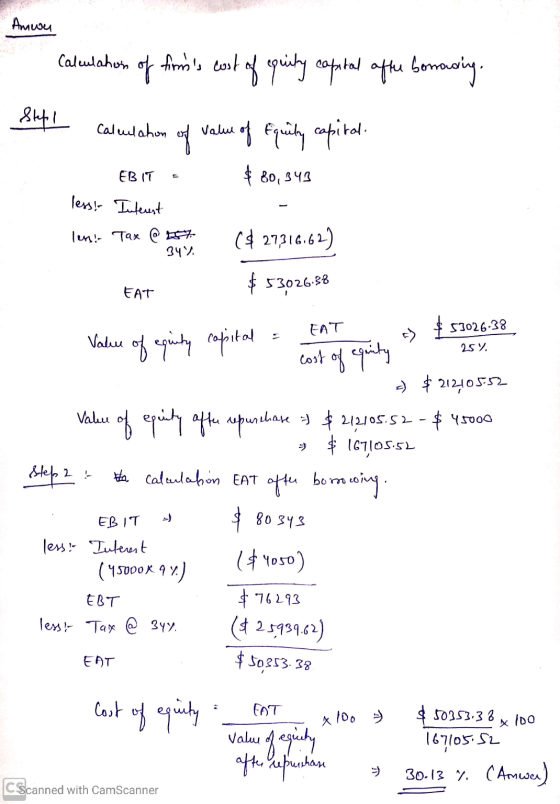 Amen Calculation of firms cost of equity capital afte borrading Stefi calulation of value of Equity capital Calulahon - Va u