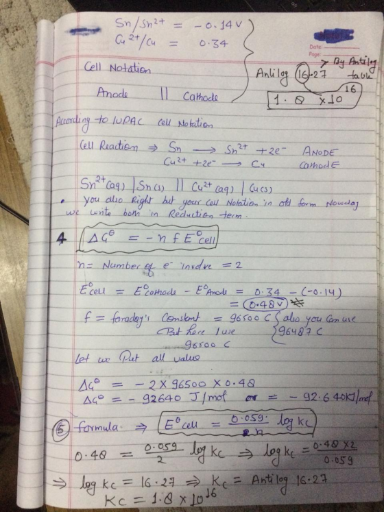 Date Page: Ankilog 16.27 by fath 16PL table 16 Sn/sn2+ = -0. 145) Cu 2+/Cu = 0.34 C Cell Notation Anode Il Cathode 1.8 x 10 )