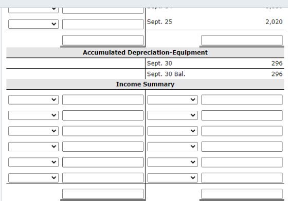 Sept. 25 2,020 296 Accumulated Depreciation-Equipment Sept. 30 Sept. 30 Bal. Income Summary 296