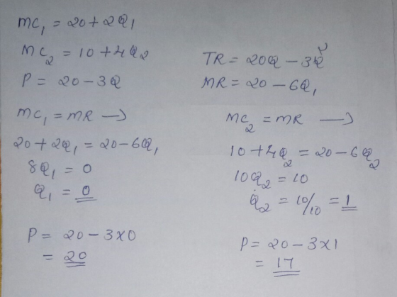 mc, = 20+291 M = 10 +22 P = 20-30 mc, = me -) 20+ 20 = 20-60, 8@, = 0 TR= 200 - 32 MR = 20 - 6Q, me = mR - 10tha = 2069 100 =